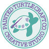round logo with turtle that has a paint pallet for a shell and paint brush