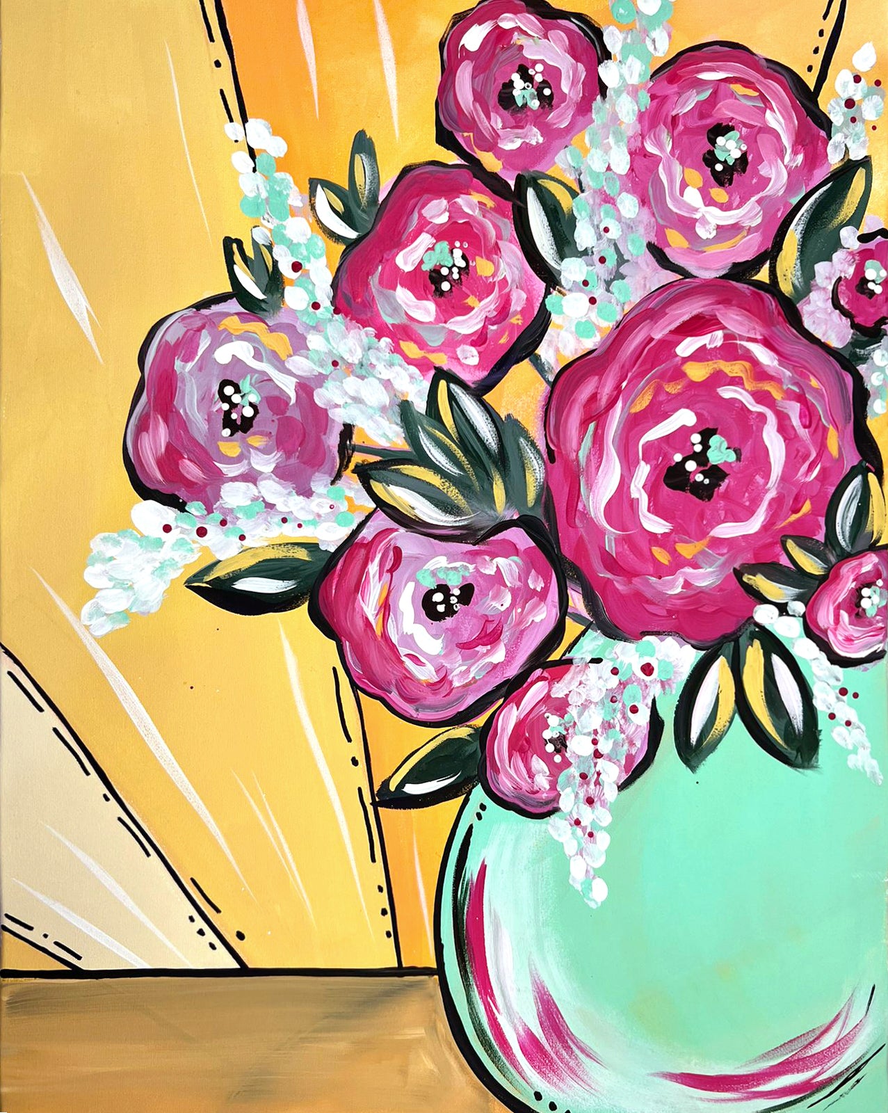a painting of pink flowers in a vase