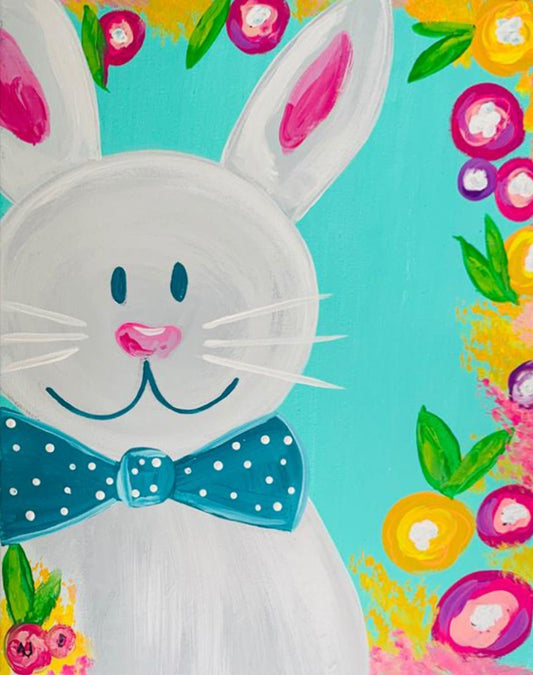 CUTE BUNNY WITH BLUE BOWTIE, TEAL BACKGROUND WITH YELLOW AND PINK FLOWERS