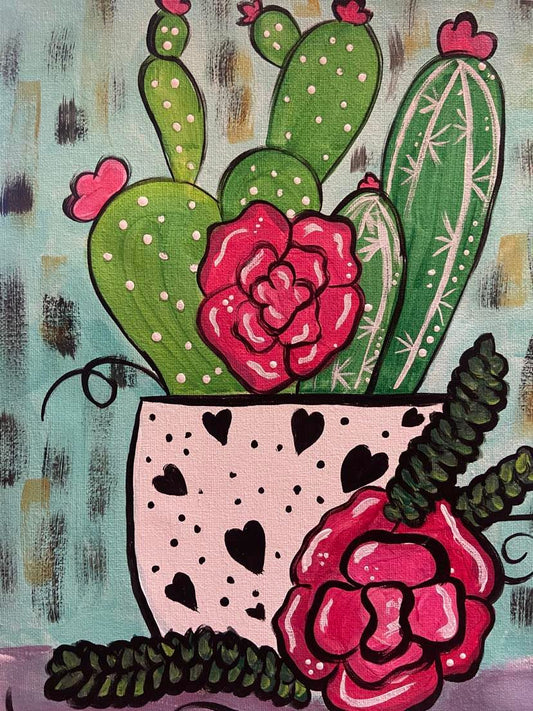 WIMSICLE CACTUS IN A VASE WITH HEARTS AND PINK FLOWERS